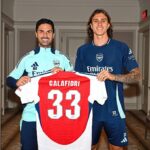 Michael Arteta y Riccardo Calafiori posan con la casaca y el dorsal número 33 en la presentación del italiano como nuevo jugador del Arsenal inglés.